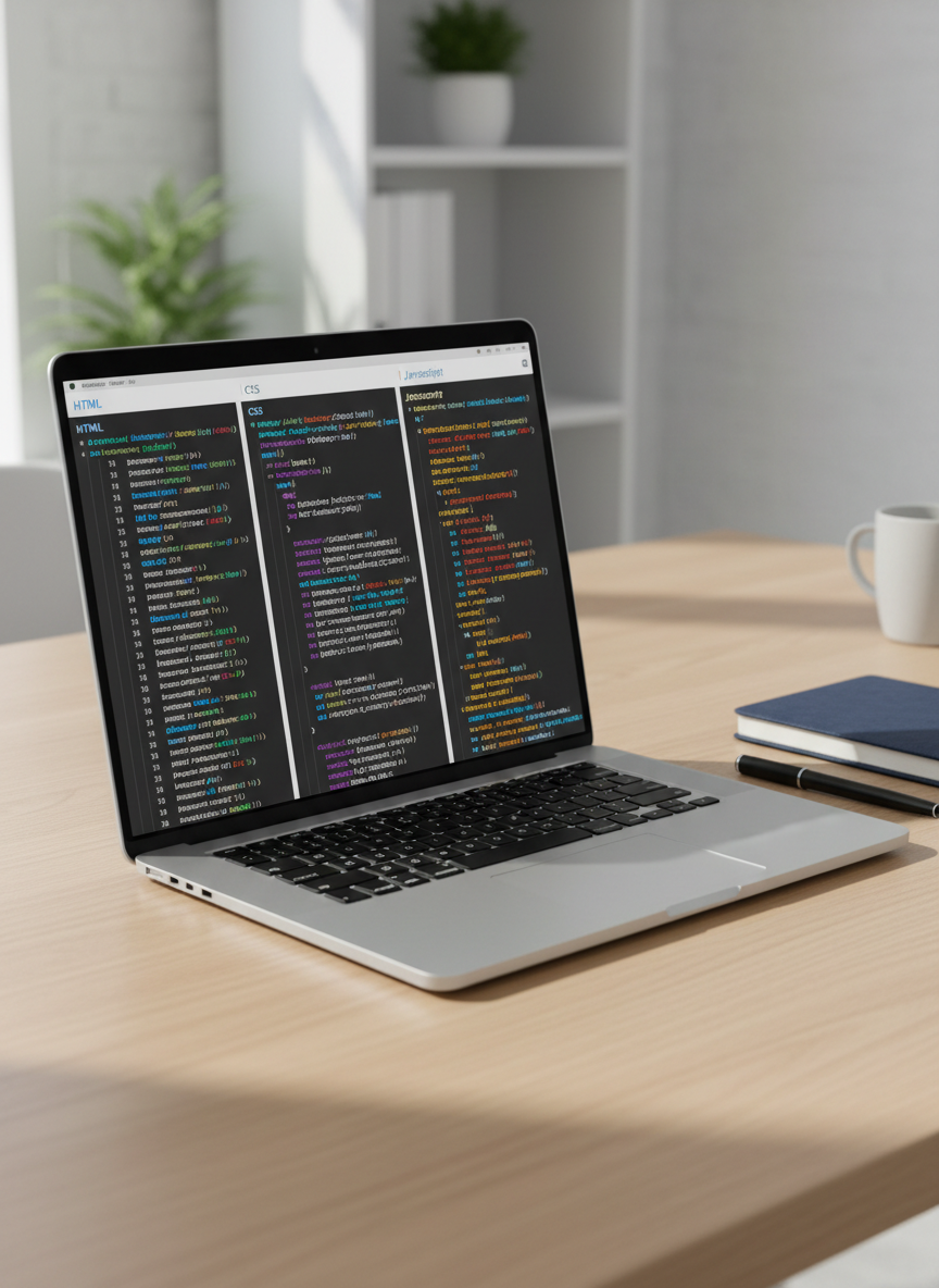 A sleek silver laptop with a vivid, high-resolution screen displaying a clean code editor split into HTML, CSS, and JavaScript panels, each with colorful syntax highlighting and neatly formatted code. The laptop rests on a light oak desk with a matte finish, beside a closed navy-blue notebook and a fine-tip black pen. Soft daylight from an unseen window to the left casts gentle, natural shadows and subtle reflections on the laptop’s metallic surface. The background shows a slightly blurred modern workspace with minimal clutter. Photographed at an eye-level angle with a shallow depth of field, the composition feels professional, calm, and student-friendly, emphasizing clarity and focus in a photographic realism style.