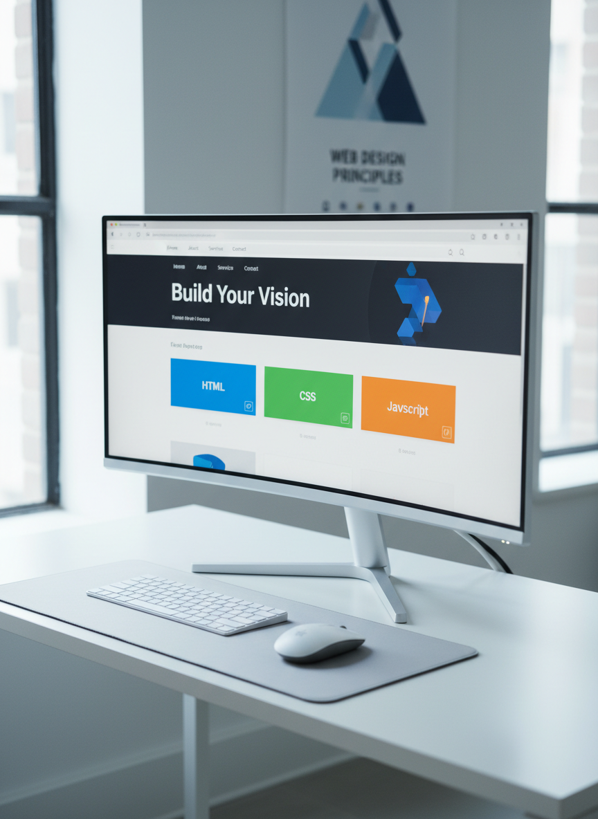 A large, ultra-wide computer monitor on a minimalist white desk, showing a modern web page layout in a visual editor: clear navigation bar, hero section, and responsive grid of colorful cards labeled HTML, CSS, and JavaScript. Beneath the monitor, a compact wireless keyboard and mouse sit perfectly aligned on a soft gray desk mat. Cool, diffused natural light from a nearby window creates a clean, even illumination, with soft shadows under the monitor stand. The background is a softly blurred wall with a simple geometric poster about web design. Captured from a slightly elevated three-quarter angle, the photographic image feels organized, modern, and educational, ideal for introducing web development concepts.