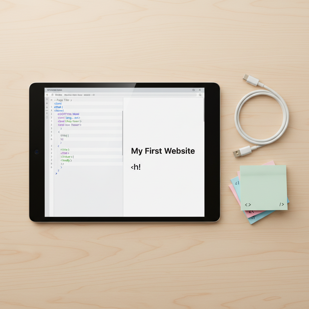 A close-up of a glossy black tablet lying flat on a smooth birch wood desk, its bright screen showing a simple HTML document on the left and the rendered webpage preview on the right. The code includes colorful tags and comments explaining each section. To the side rests a neatly coiled white USB-C cable and a small stack of pastel sticky notes with tiny drawn icons of tags and brackets. Soft, warm overhead lighting gently highlights the tablet’s beveled edges and creates subtle reflections on the glass. Shot from a top-down, bird’s-eye perspective, the composition is tidy and balanced, with sharp focus throughout, conveying an approachable, student-friendly feel in a clean photographic style.