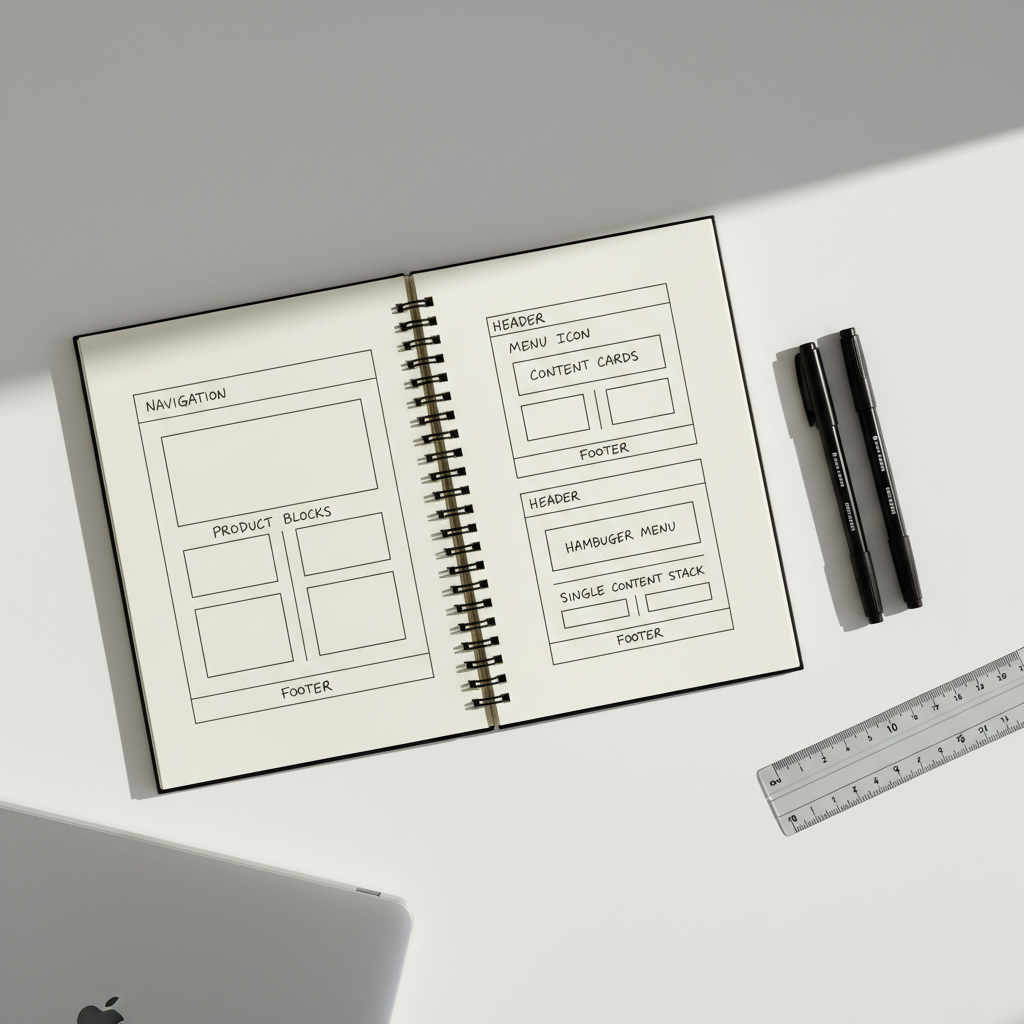 An open notebook-style sketchpad on a matte white desk, filled with neatly drawn wireframes of a responsive website: desktop, tablet, and mobile layouts aligned across the pages, with labeled headers, buttons, and content blocks. Beside the sketchpad lie two fine-line black pens and a cool gray ruler. A slim silver laptop is partially visible at the frame’s edge, closed. Soft morning sunlight streams diagonally from the top right, casting crisp but gentle shadows from the pens and ruler, adding depth and texture to the paper. Photographed from a slightly elevated angle with sharp focus and generous negative space, the scene feels intentional, modern, and instructive, ideal for conveying the planning stage of web development in a realistic photographic style.